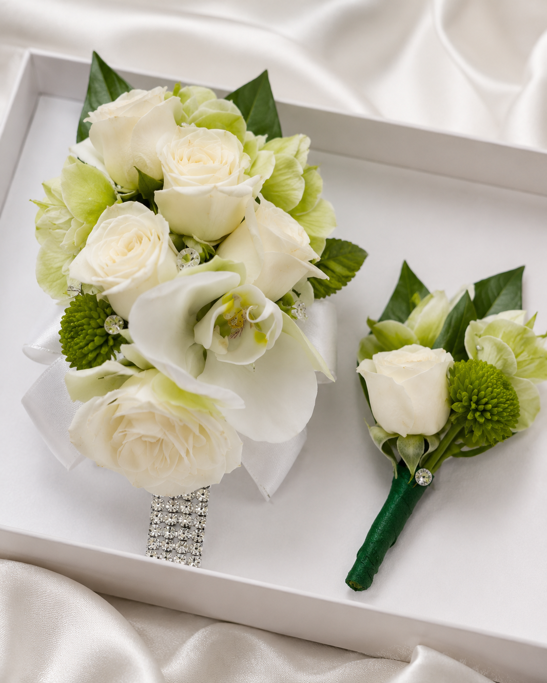 White Spray Rose Corsage & Boutonniere