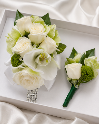 White Spray Rose Corsage & Boutonniere