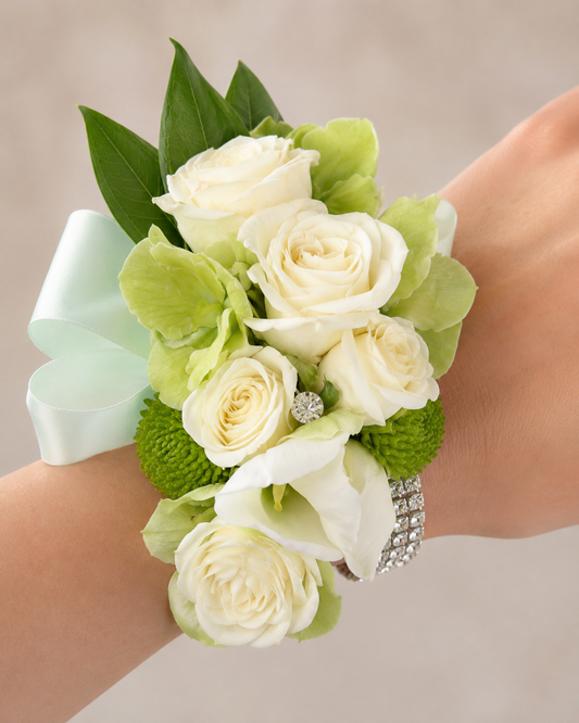 White Spray Rose Corsage & Boutonniere